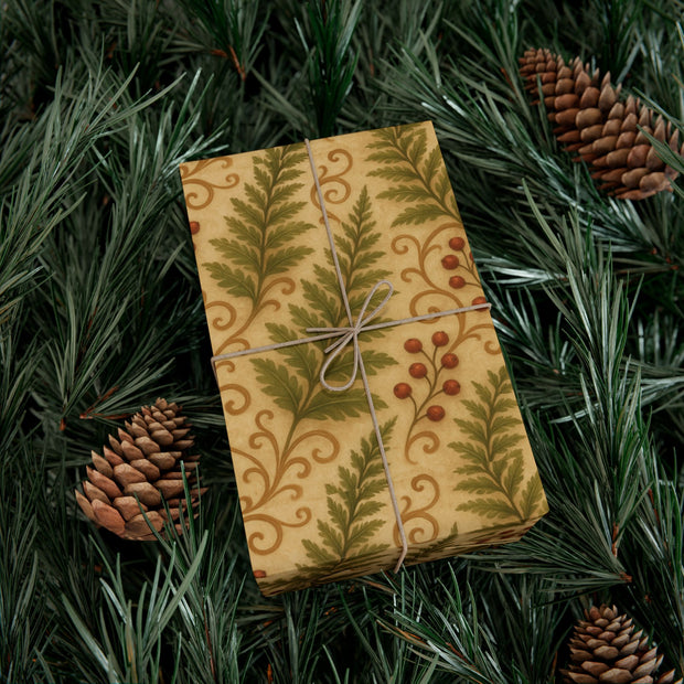 Winter Fern Botanical Gift Wrap – Welsh Evergreen Forest Pattern on Aged Parchment | Winter Isles Botanical Series by The Teal Leopard
