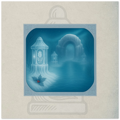 Hollystone Lanterns fantasy card. Winter Court relic of crystallized holly stone with snowmote light, artwork by Marilie Wood Smock of the Teal Leopard.