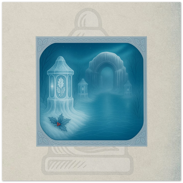 Hollystone Lanterns fantasy card. Winter Court relic of crystallized holly stone with snowmote light, artwork by Marilie Wood Smock of the Teal Leopard.