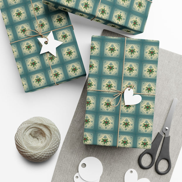 Celtic Holly Christmas Gift Wrap - Teal and Cream Holiday Wrapping Paper - Winter Botanical Knotwork | Celtic Frost Holly by The Teal Leopard™