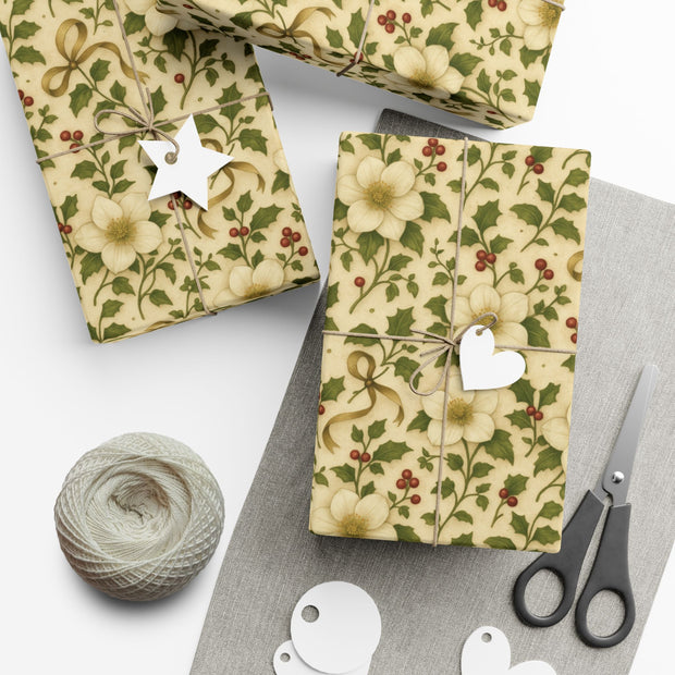 Winter Rose Botanical Gift Wrap – English Christmas Rose Pattern on Vintage Parchment | Winter Isles Botanical Series by The Teal Leopard