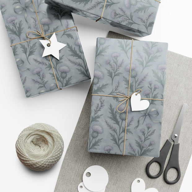 Frosted Thistle Botanical Gift Wrap – Scottish Winter Thistle & Heather Pattern in Cool Highlands Tones | Winter Isles Botanical Series by The Teal Leopard