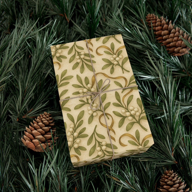 Winter Mistletoe Botanical Gift Wrap – Irish Snowbound Mistletoe Pattern on Vintage Parchment | Winter Isles Botanical Series by The Teal Leopard
