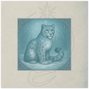 Snow Leopard greeting card. Myrathis Keeper of Silent Snow, fantasy snow leopard artwork by Marilie Wood Smock of the Teal Leopard.