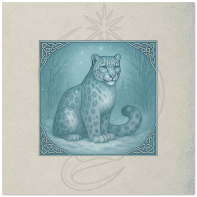 Snow Leopard greeting card. Myrathis Keeper of Silent Snow, fantasy snow leopard artwork by Marilie Wood Smock of the Teal Leopard.