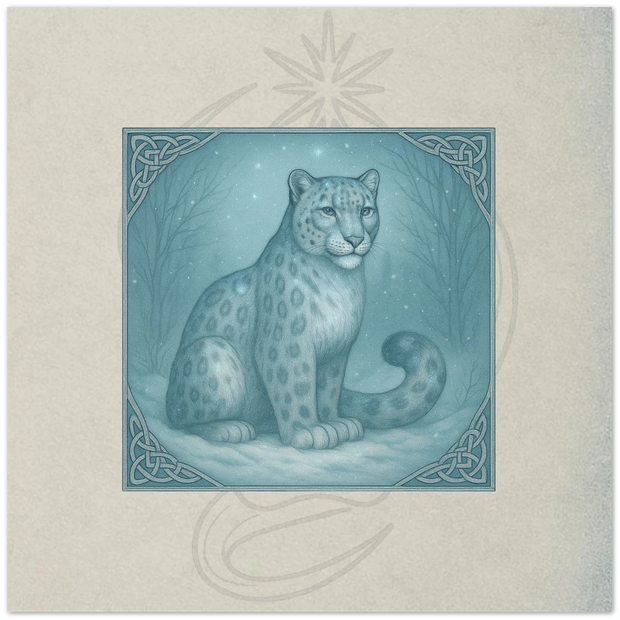 Snow Leopard greeting card. Myrathis Keeper of Silent Snow, fantasy snow leopard artwork by Marilie Wood Smock of the Teal Leopard.
