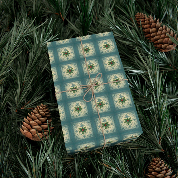 Celtic Holly Christmas Gift Wrap - Teal and Cream Holiday Wrapping Paper - Winter Botanical Knotwork | Celtic Frost Holly by The Teal Leopard™