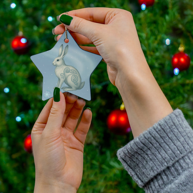 Winter Snowshoe Hare Christmas Ornament | Fantasy Holiday Décor (circle, heart, star, & snowflake)