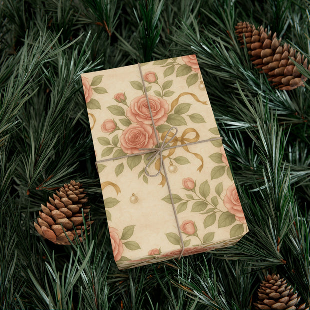 Vintage Rose Christmas Gift Wrap - Romantic Winter Floral Wrapping Paper - Holiday Rose & Ribbon Pattern | Winter Rose & Ribbon, Winter Botanical Trio by The Teal Leopard™