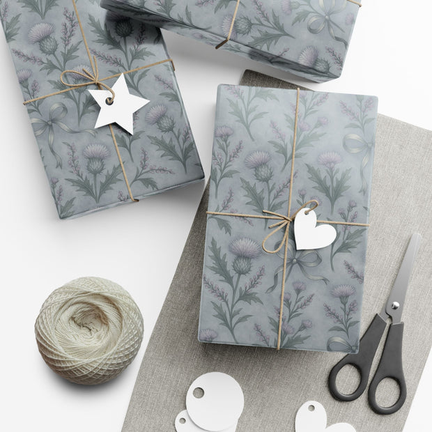 Frosted Thistle Botanical Gift Wrap – Scottish Winter Thistle & Heather Pattern in Cool Highlands Tones | Winter Isles Botanical Series by The Teal Leopard
