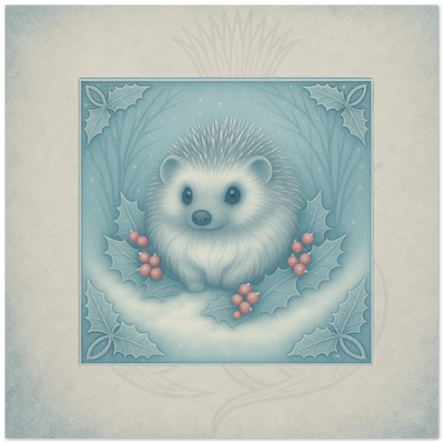 Winter Hedgehog greeting card. Brambletine - Thistle Among the Thaw, fantasy hedgehog artwork by Marilie Wood Smock of the Teal Leopard.