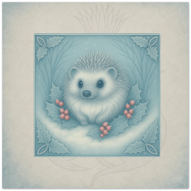 Winter Hedgehog greeting card. Brambletine - Thistle Among the Thaw, fantasy hedgehog artwork by Marilie Wood Smock of the Teal Leopard.