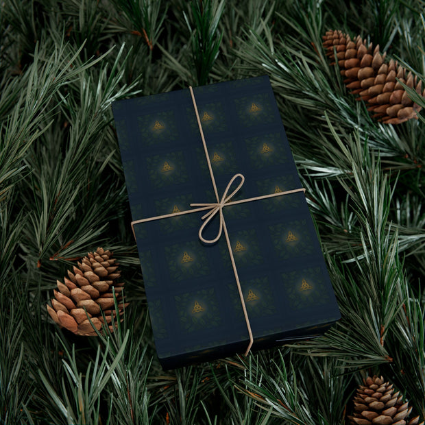Celtic Evergreen Christmas Gift Wrap - Holiday Wrapping Paper - Midnight Blue, Fir, and Golden Knotwork Pattern | Medieval Midnight, Celtic Christmas Triptych Series by The Teal Leopard™