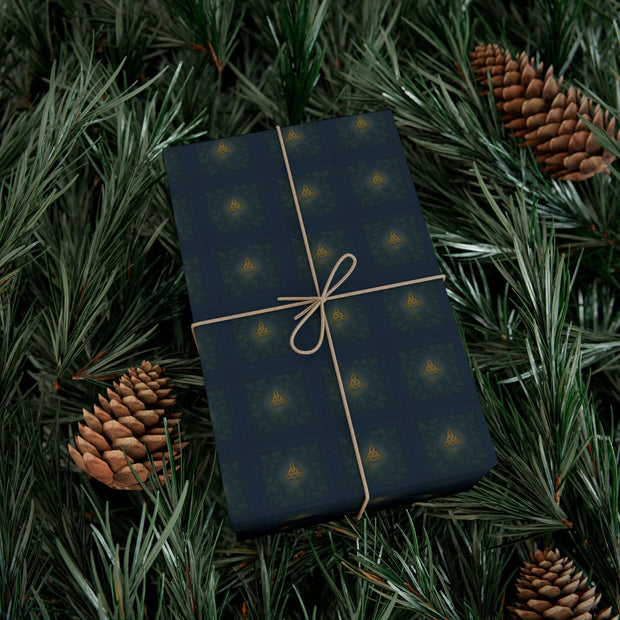 Celtic Evergreen Christmas Gift Wrap - Holiday Wrapping Paper - Midnight Blue, Fir, and Golden Knotwork Pattern | Medieval Midnight, Celtic Christmas Triptych Series by The Teal Leopard™