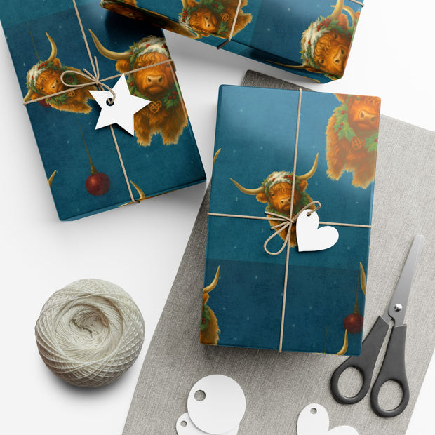 Highland Cow Christmas Wrapping Paper - Celtic Winter Gift Wrap featuring art ornaments & snowfall | Highland Grace, Winter Companions Series by The Teal Leopard™
