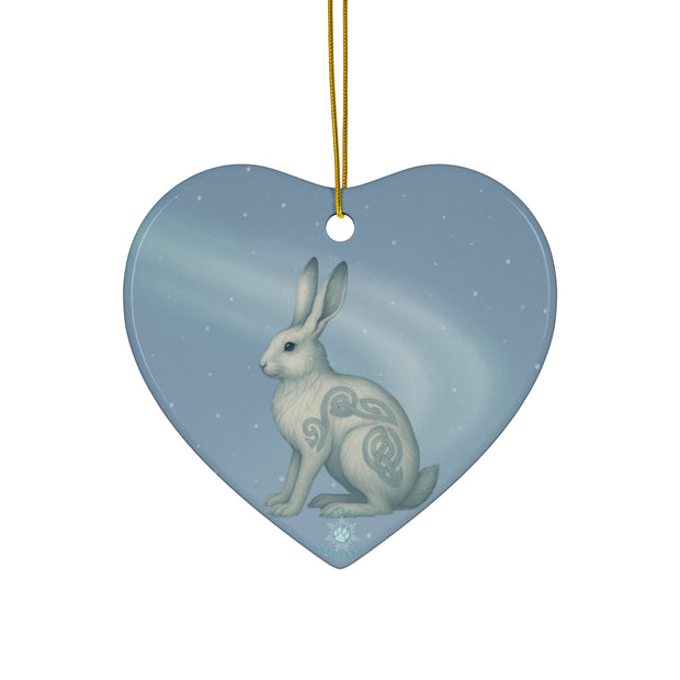 Winter Snowshoe Hare Christmas Ornament | Fantasy Holiday Décor (circle, heart, star, & snowflake)