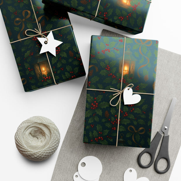 Christmas Lantern Gift Wrap - Vintage Lantern Holiday Wrapping Paper - Winter Botanical Heritage Design | Winter Botainical Trio Series by The Teal Leopard™