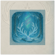 Moonlit Antlers fantasy card. Syltharion Winter Court relic glowing with moonlit fire, artwork by Marilie Wood Smock of the Teal Leopard.