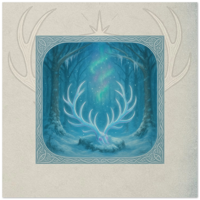 Moonlit Antlers fantasy card. Syltharion Winter Court relic glowing with moonlit fire, artwork by Marilie Wood Smock of the Teal Leopard.