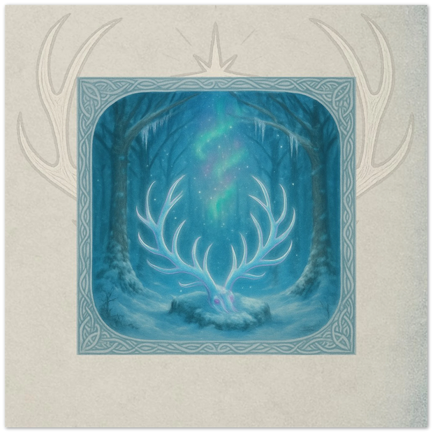 Moonlit Antlers fantasy card. Syltharion Winter Court relic glowing with moonlit fire, artwork by Marilie Wood Smock of the Teal Leopard.