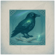Winter Raven greeting card. Corveth, Messenger of Midnight Frost, fantasy raven artwork by Marilie Wood Smock of the Teal Leopard.