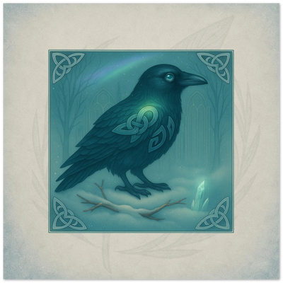 Winter Raven greeting card. Corveth, Messenger of Midnight Frost, fantasy raven artwork by Marilie Wood Smock of the Teal Leopard.