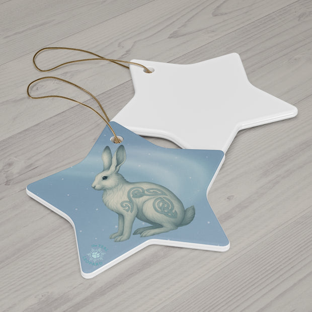 Winter Snowshoe Hare Christmas Ornament | Fantasy Holiday Décor (circle, heart, star, & snowflake)