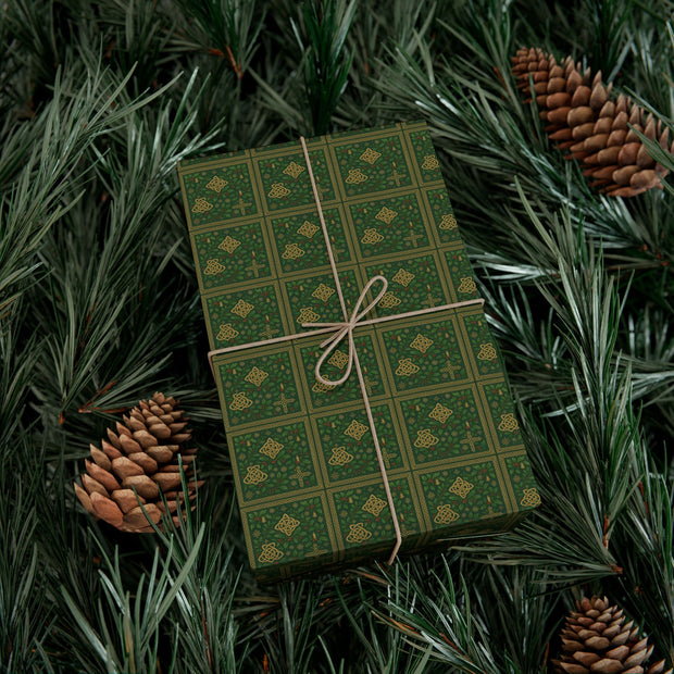 Celtic Holly Christmas Gift Wrap - Holiday Wrapping Paper - Green Celtic Knotwork with Holly and Ivy | Celtic Yuletide, Celtic Christmas Triptych Series by The Teal Leoaprd™