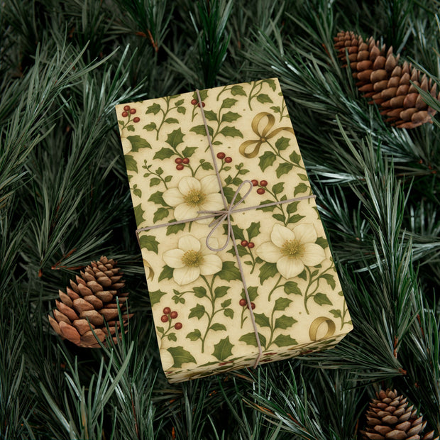 Winter Rose Botanical Gift Wrap – English Christmas Rose Pattern on Vintage Parchment | Winter Isles Botanical Series by The Teal Leopard