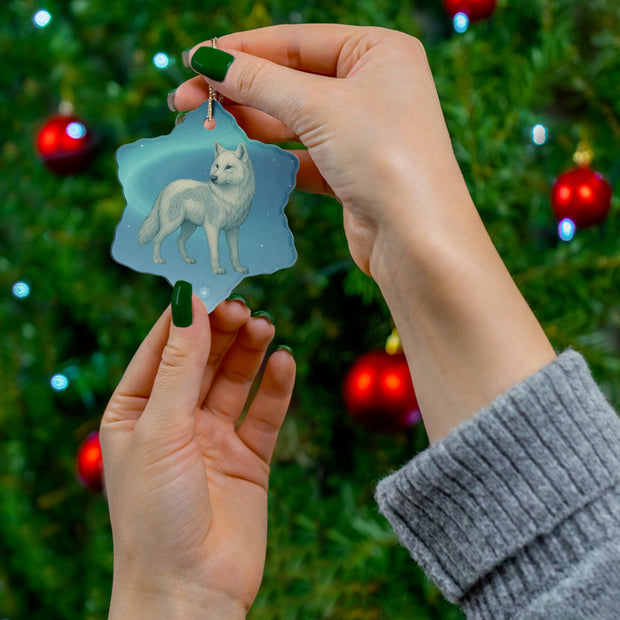 Winter Arctic Wolf Christmas Ornament | Fantasy Holiday Décor (circle, heart, star, & snowflake)
