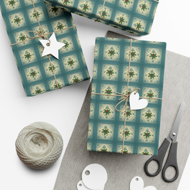 Celtic Holly Christmas Gift Wrap - Teal and Cream Holiday Wrapping Paper - Winter Botanical Knotwork | Celtic Frost Holly by The Teal Leopard™