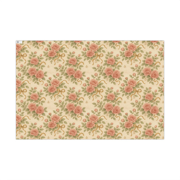 Vintage Rose Christmas Gift Wrap - Romantic Winter Floral Wrapping Paper - Holiday Rose & Ribbon Pattern | Winter Rose & Ribbon, Winter Botanical Trio by The Teal Leopard™