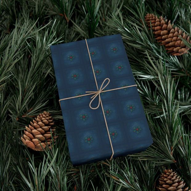Celtic Holly Christmas Gift Wrap - Midnight Blue Holiday Wrapping Paper - Winter Knotwork and Botanical Pattern | Celtic Midnight Holly by The Teal Leopard™