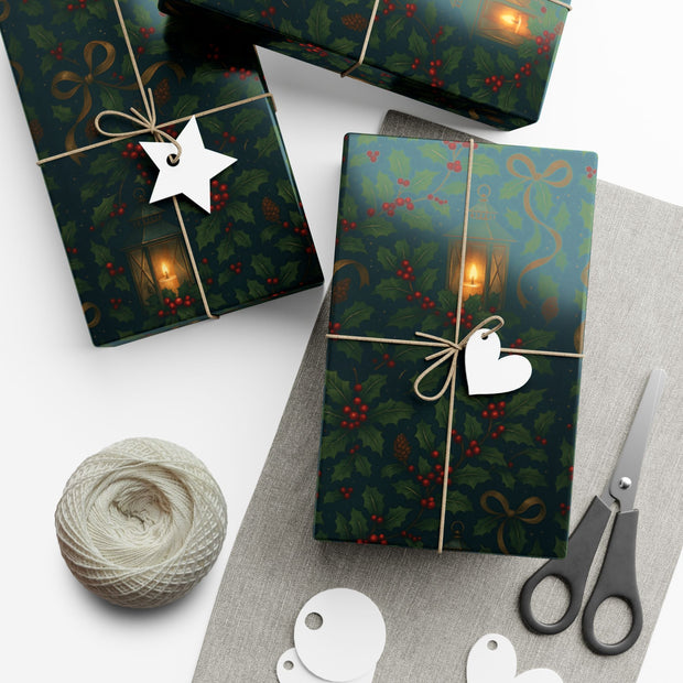 Christmas Lantern Gift Wrap - Vintage Lantern Holiday Wrapping Paper - Winter Botanical Heritage Design | Winter Botainical Trio Series by The Teal Leopard™
