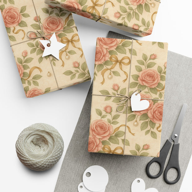 Vintage Rose Christmas Gift Wrap - Romantic Winter Floral Wrapping Paper - Holiday Rose & Ribbon Pattern | Winter Rose & Ribbon, Winter Botanical Trio by The Teal Leopard™