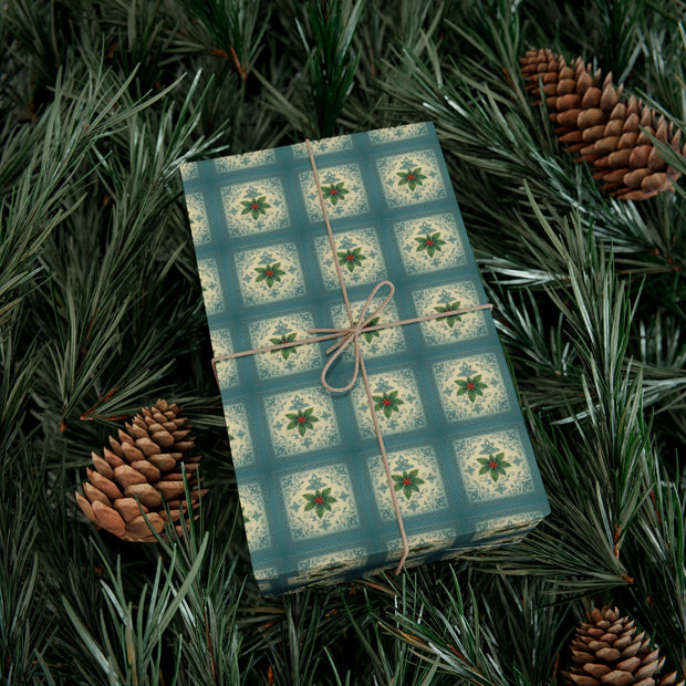 Celtic Holly Christmas Gift Wrap - Teal and Cream Holiday Wrapping Paper - Winter Botanical Knotwork | Celtic Frost Holly by The Teal Leopard™