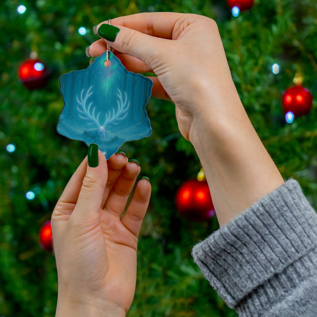 Winter Stag Antlers Christmas Ornament | Woodland Fantasy Holiday Décor (Circle, Heart, Star, & Snowflake)
