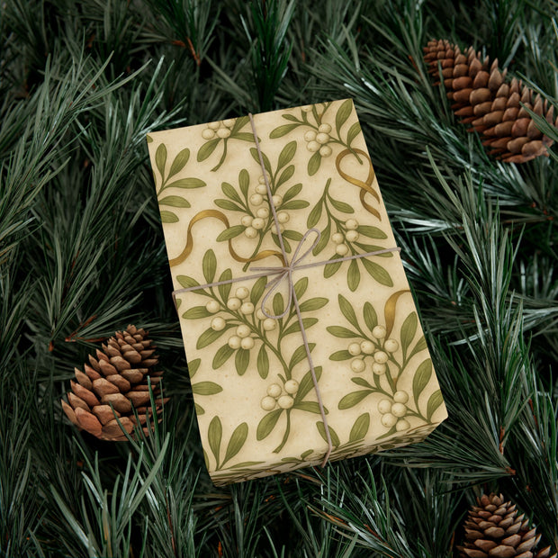 Winter Mistletoe Botanical Gift Wrap – Irish Snowbound Mistletoe Pattern on Vintage Parchment | Winter Isles Botanical Series by The Teal Leopard