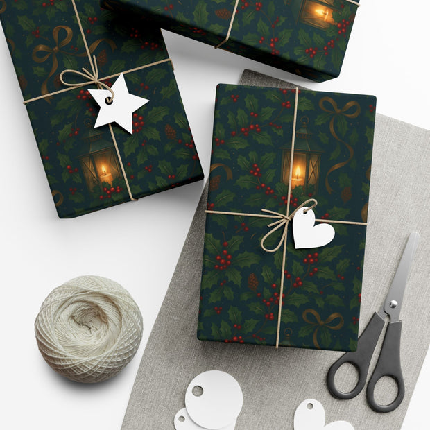 Christmas Lantern Gift Wrap - Vintage Lantern Holiday Wrapping Paper - Winter Botanical Heritage Design | Winter Botainical Trio Series by The Teal Leopard™