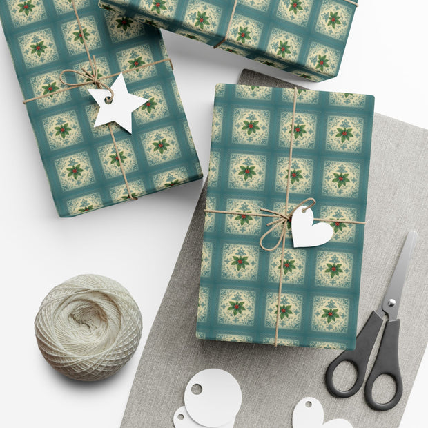 Celtic Holly Christmas Gift Wrap - Teal and Cream Holiday Wrapping Paper - Winter Botanical Knotwork | Celtic Frost Holly by The Teal Leopard™