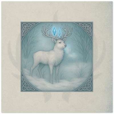 Winter Stag greeting card. Syltharion Antlers of Light, fantasy stag artwork by Marilie Wood Smock of the Teal Leopard.