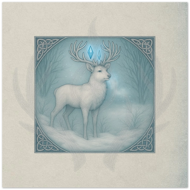 Winter Stag greeting card. Syltharion Antlers of Light, fantasy stag artwork by Marilie Wood Smock of the Teal Leopard.