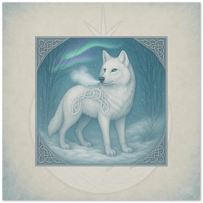 Arctic Wolf greeting card. Kaelvor Howl of the Northern Lights, fantasy wolf artwork by Marilie Wood Smock of the Teal Leopard.
