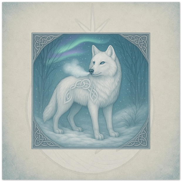 Arctic Wolf greeting card. Kaelvor Howl of the Northern Lights, fantasy wolf artwork by Marilie Wood Smock of the Teal Leopard.