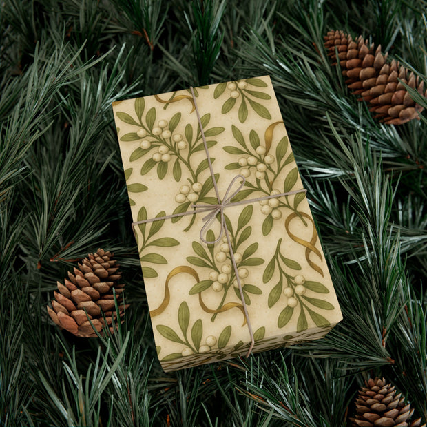 Winter Mistletoe Botanical Gift Wrap – Irish Snowbound Mistletoe Pattern on Vintage Parchment | Winter Isles Botanical Series by The Teal Leopard