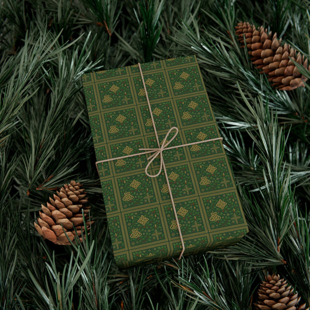 Celtic Holly Christmas Gift Wrap - Holiday Wrapping Paper - Green Celtic Knotwork with Holly and Ivy | Celtic Yuletide, Celtic Christmas Triptych Series by The Teal Leoaprd™
