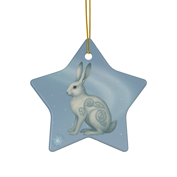 Winter Snowshoe Hare Christmas Ornament | Fantasy Holiday Décor (circle, heart, star, & snowflake)