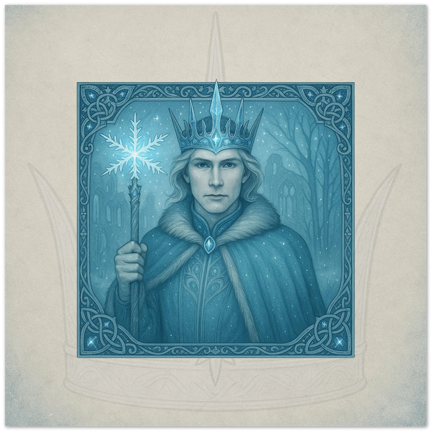 Winter King greeting card. Eryndor, Crown of Endless Winter, fantasy frost king artwork by Marilie Wood Smock of the Teal Leopard.