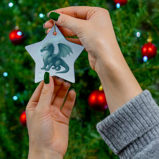 Winter Dragon Christmas Ornament | Fantasy Holiday Décor (Circle, Heart, Star, & Snowflake)