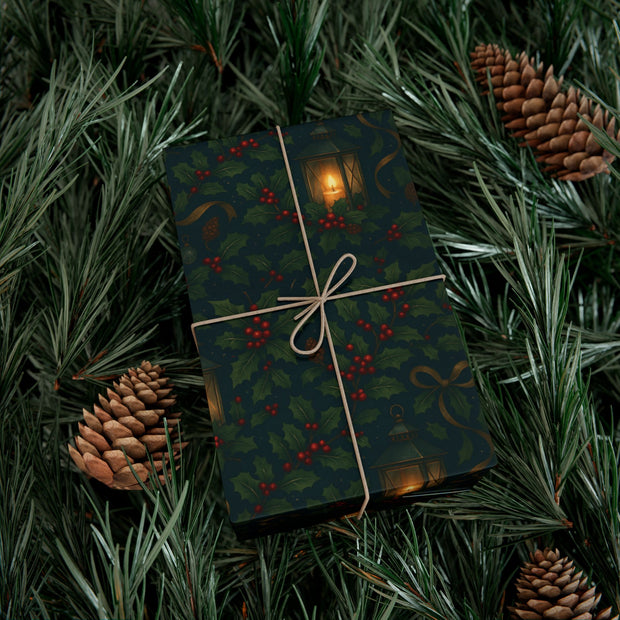 Christmas Lantern Gift Wrap - Vintage Lantern Holiday Wrapping Paper - Winter Botanical Heritage Design | Winter Botainical Trio Series by The Teal Leopard™